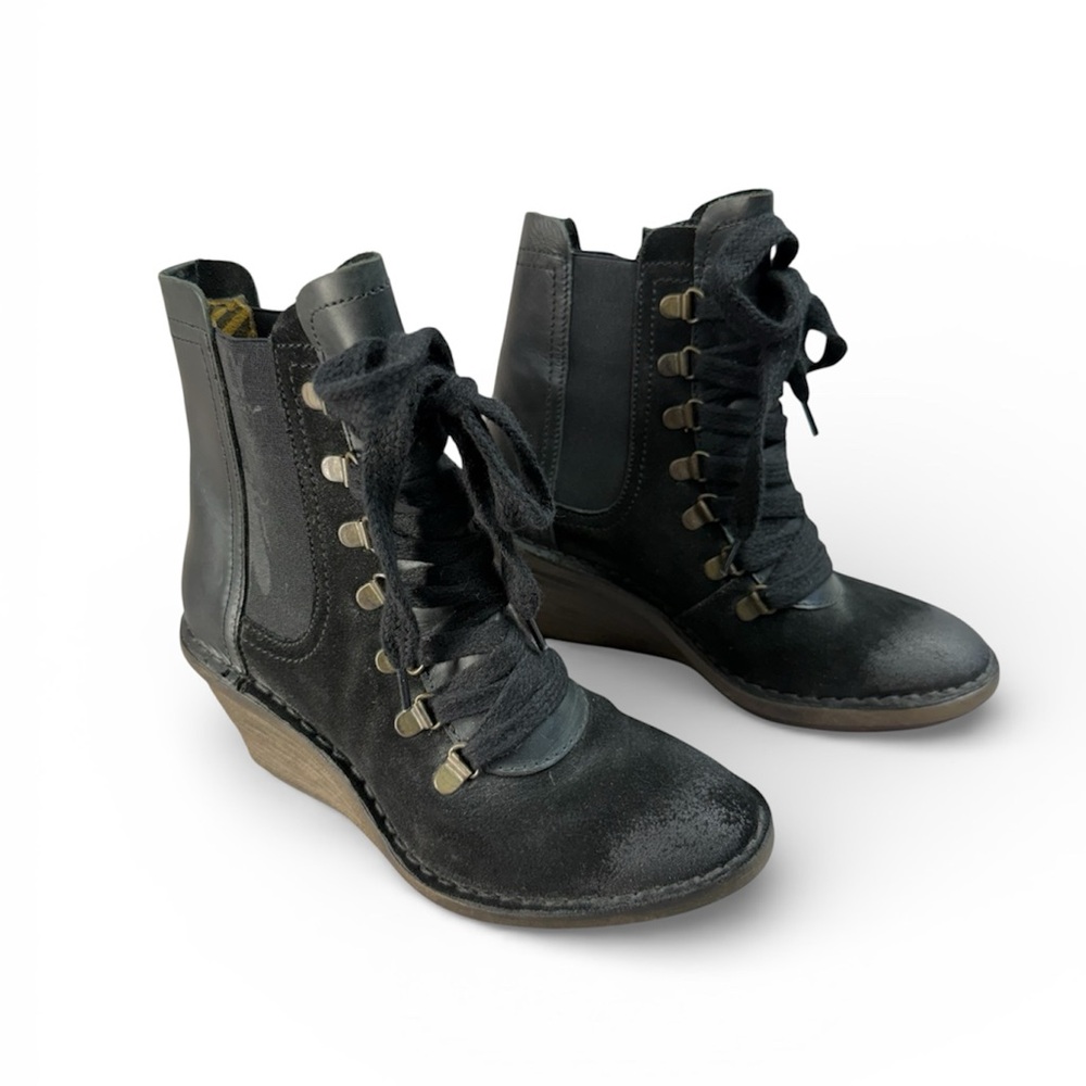 Fly London Suzu Suede Leather Wedge Boots In Black Women's Size 37 US 6/6.5